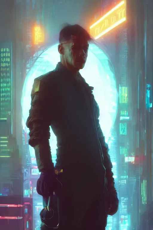 Image similar to portrait of Ron Wisly in cyberpunk, neon lighting, night city, digital art from artstation by Ruan Jia and Mandy Jurgens and Artgerm and william-adolphe bouguereau and Greg Rutkowski and Wayne Barlowe