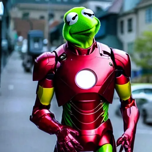 Prompt: photo of Kermit the frog as iron man in averngers movie