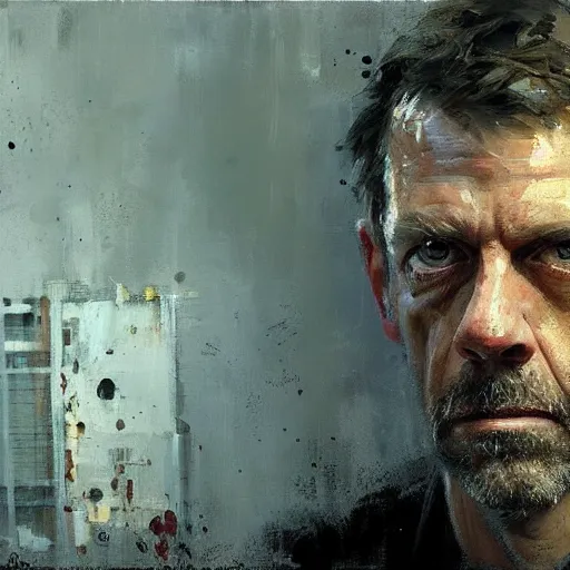 Image similar to face protrait of doctor house, realistic, ultrahd, jeremy mann painting