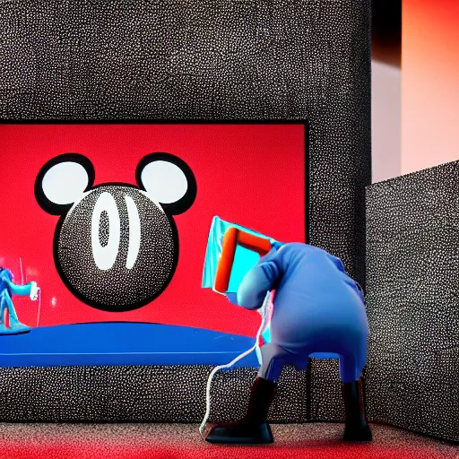 Image similar to hyperrealistic render, beeple art, octane render of giant mickey mouse figure, workers performing surgery on it, netflix logo in the background