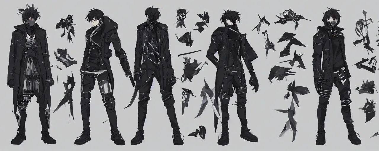 Prompt: a male anime cyberpunk hero protagonist with two swords, wearing a heavy jacket and heavy black boots, character concept exploration, outfit designs, trending on artstation; clear silhouette, strong design, perfect anatomy, clean edges