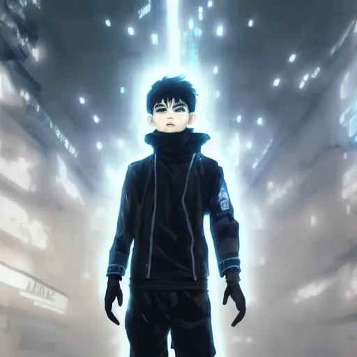 Image similar to killua zoldyck, edgy streetwear, techwear, cyberpunk style outfit, scifi, blue side lighting, detailed portrait, intricate complexity, by greg rutkowski, ross tran, conrad roset, takato yomamoto, ilya kuvshinov. 4 k, beautiful, aesthetic octane render, cinematic dramatic atmosphere