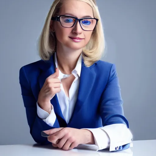 Prompt: a blond accountant female in a blue suit with glasses: a highly detailed uncropped full-color epic corporate portrait photograph. best portfolio photoraphy photo winner, meticulous detail, hyperrealistic, centered uncropped symmetrical beautiful feminine facial features, atmospheric, perfect eyes, photorealistic texture, canon 5D mark III photo, professional studio lighting, aesthetic, very inspirational, motivational. By Karen L Richard Photography, Photoweb, Splento, Americanoize, Lemonlight