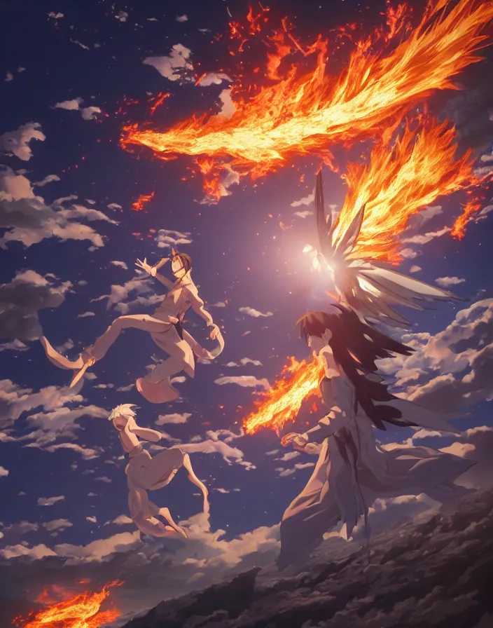 Prompt: fallen angels cast out of heaven by yusuke murata and makoto shinkai, fireballs, smoke, embers, meteors, angels, god rays, 8k, cel shaded, unreal engine, featured on artstation, pixiv