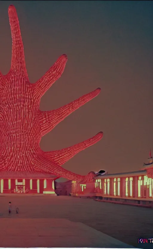 Image similar to light coming out of one starfish - like kaiju anthropomorphic monster, korean film noir by kim jong - il, korean traditional palace, pyongyang city, 1 9 6 0 s, red color bleed, 4 k, video compression, video glitch, monochrome, akira kurosawa, mamoru oshii, wes anderson, stanley kubrick