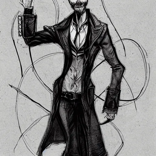 Image similar to very attractive man with beard, strong masculine features, slim, short hair, 35 years old, one android eye, sophisticated clothing with some steampunk elements, gesture dynamic, organic, appealing, book cover, deep shadows, by Dave McKean sketch lineart for character design