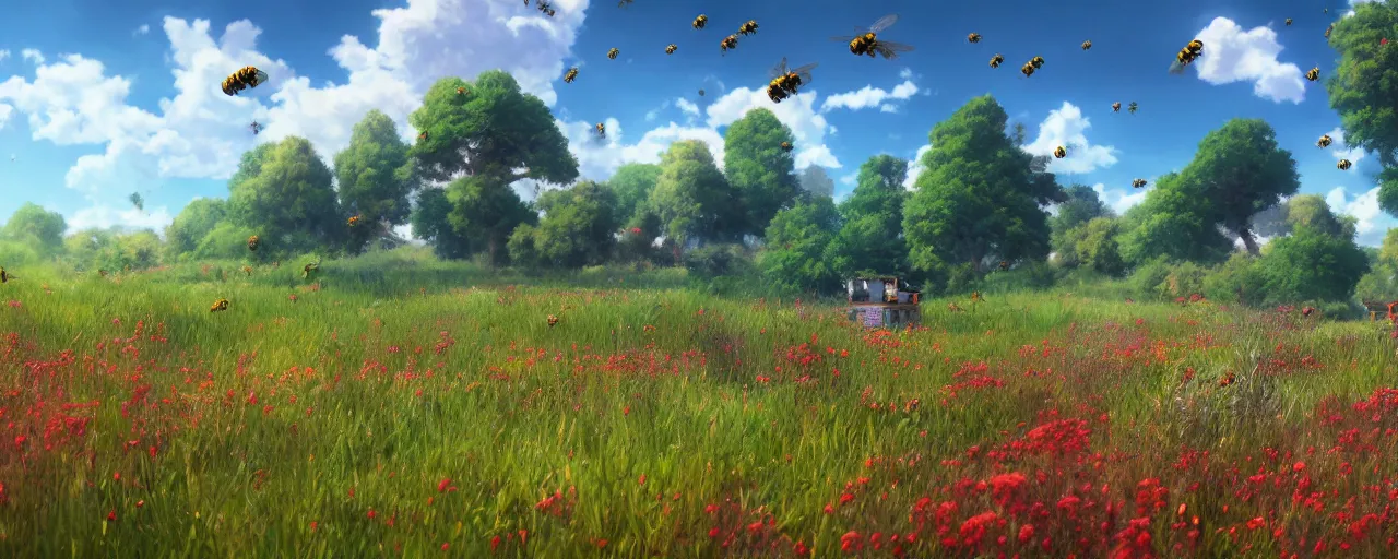 Image similar to a beautiful meadow landscape with large detailed bees flying between flowers, crimson - black beehive, happy trees, photorealistic, octane render, rtx, hdr, unreal engine, digital art widescreen 8 k in the style of studio ghibli and bob ross