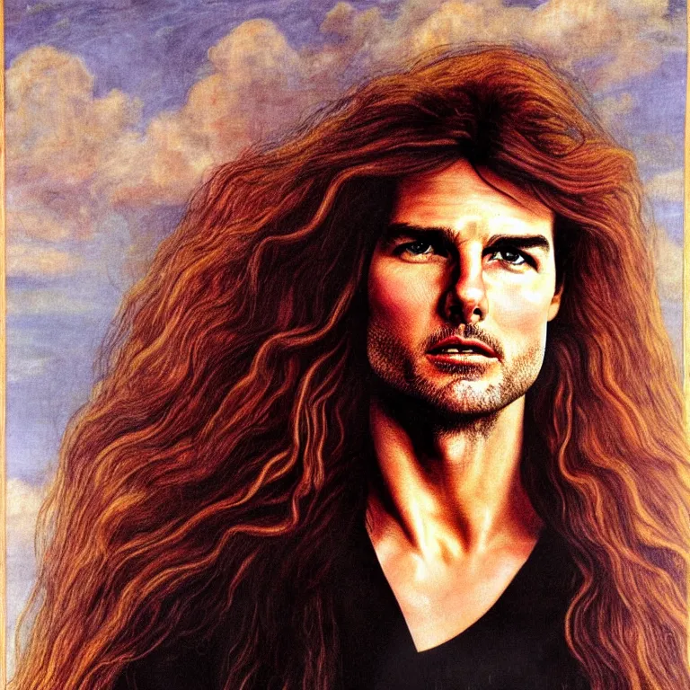 Image similar to Pre-Raphaelite portrait of Tom Cruise as the leader of a cult 1980s heavy metal band, with very long blond hair and grey eyes