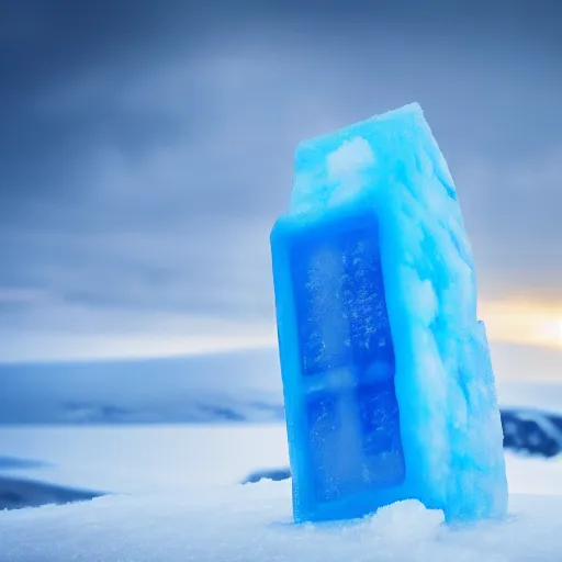 Image similar to large cloudy ice block with blue person inside on snow in game of thrones, 4 k, epic, cinematic, focus, movie still, fantasy, extreme detail, atmospheric, dark colour, sharp focus