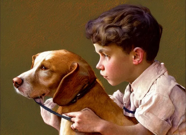 Image similar to high quality high detail painting by norman rockwell, hd, young boy with dog, muted pastel colors, photorealistic lighting