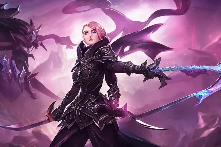 Prompt: A heroine wearing black armor, she is holding a black sword, League of legends splash art