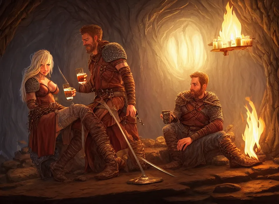 Prompt: a beautiful adventuring couple drinking, cozy firelit tavern, relaxed poses, fantasy art, detailed painterly digital art style by Chip Zdarsky, d&d vibe, leather tunic, chainmail, robes, few scattered swords, 🍸, 8k octane beautifully detailed render, post-processing, extremely hyperdetailed, intricate, epic composition, grim yet sparkling atmosphere, cinematic lighting + masterpiece, trending on artstation, very detailed, vibrant colors