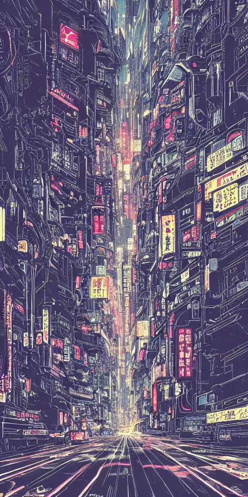 Image similar to beautiful and detailed anime drawing of an AKIRA-like cyberpunk city landscape with light trail from a motorcycle at the bottom and a bridge silhouette at the top, japan at night, 1980s, by Katsuhiro Otomo and mamoru oshii, wide angle, worm\'s eye view, grand, clean, colorful