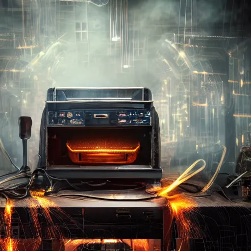 Image similar to overcharging toaster oven, tangles of metallic cables, dark messy smoke - filled cluttered workshop, dark, dramatic lighting, orange tint, sparks, plasma charges, cinematic, highly detailed, sci - fi, futuristic, movie still