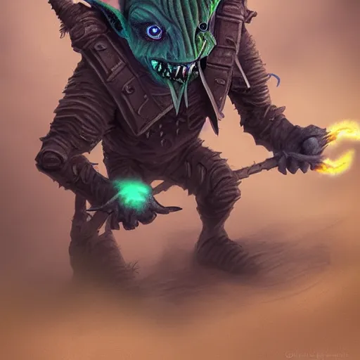 Image similar to a highly detailed goblin with grey skin and blue eyes that glow, in a dust storm, like magic the gathering, goblin chainwalker,, digital art, by christopher rush