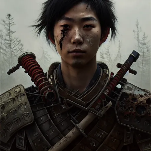 Image similar to portrait painting of a post - apocalyptic japanese young man wearing rusty samurai armor, ultra realistic, concept art, intricate details, eerie, highly detailed, photorealistic, octane render, 8 k, unreal engine. art by artgerm and greg rutkowski and charlie bowater and magali villeneuve and alphonse mucha