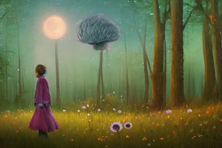 Image similar to giant daisy flower as face, girl walking in forest, surreal photography, dark night, stars, moon light, impressionist painting, clouds, digital painting, artstation, simon stalenhag