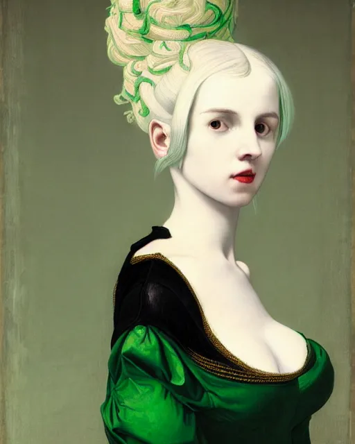 Prompt: photo-realistic portrait of a young pale woman with green hair, wearing a black t-shirt by Vivienne Westwood, intricate details, super-flat, in the style of James Jean, Jean Auguste Dominique Ingres, black background