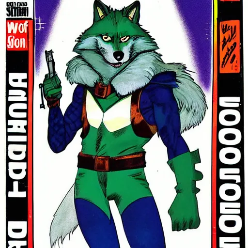 Image similar to 1 9 8 0 s comic book cover scan featuring a portrait of villain male wolf o'donnell anthropomorphic wolf furry fursona from starfox wearing a dark space mercenary uniform, dark grey wolf, handsome eyes, wolf o'donnell