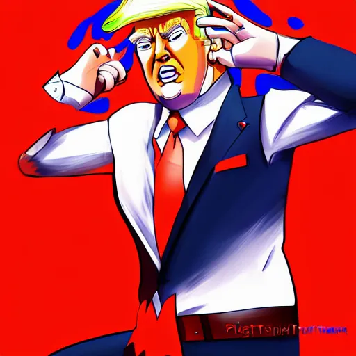 Image similar to beautiful digital painting portrait of donald trump in the style of studio trigger anime, 4 k, 8 k, hd, high resolution, highly detailed, intricate detail, ultra realistic faces, digital art, trending on artstation, kill la kill, gurren lagann