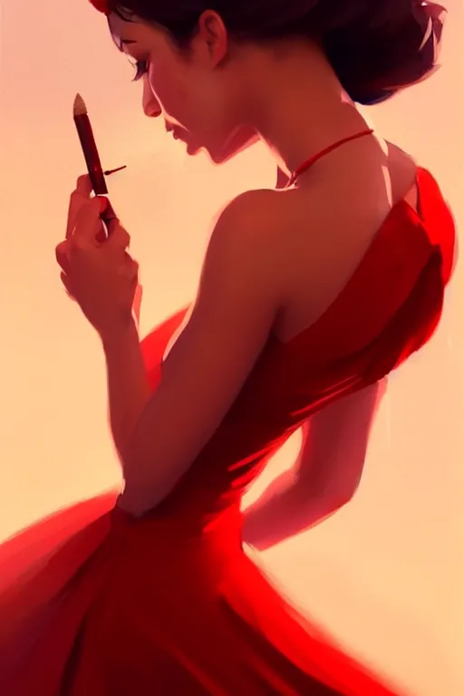 Image similar to dreamy girl character with perfect body in a nice red dress with stunnin makeup, magic vibe, perfect lighting. professional design. great composition, illustration, highly detailed, digital painting, concept art, trending on artstation, by greg rutkowski, by rhads