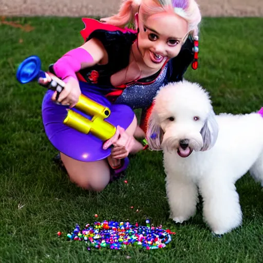 Image similar to harley quinn aiming down glitter gun with toy cavoodle dog by her side
