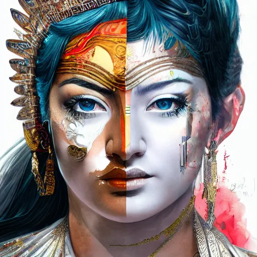 Prompt: Roman Asian Goddess, collage, highly detailed, digital painting, 4k, HDR, concept art, smooth, sharp focus, art by Sandra Chevrier