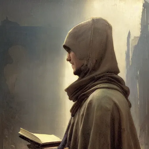 Image similar to half portait of magican wearing a closed cowl holding a big old book! chained!!! to his wrist, jeremy mann, jean leon gerome, alphonse mucha, greg rutkowski, hood covers his eyes, ( ( ruins of ancient rome ) ), at dusk, mysterious atmosphere, sunrays, dof, masterpiece, high detailed, 8 k