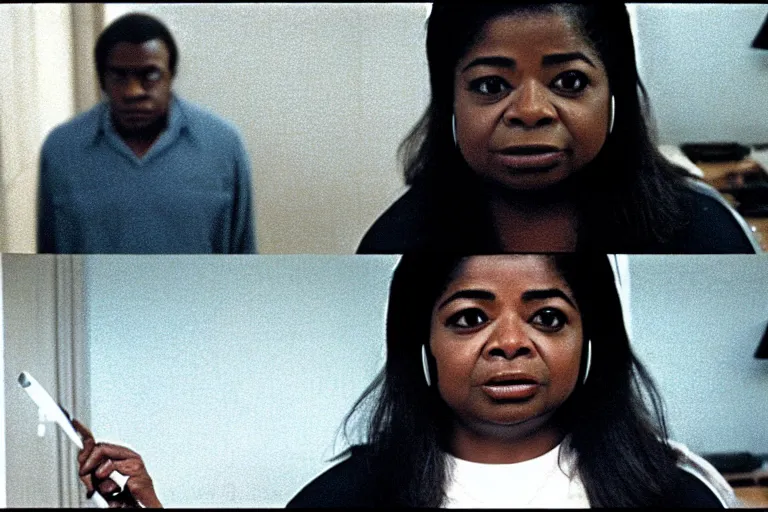 Image similar to cinematic shot from a 1 9 8 5 paranoid thriller, screenshot of octavia spencer removes a small hearing device with tweezers from her left ear, apartment set in the near future, film directed by stanley kubrick, anamorphic lenses, color theory, apartment design, leading lines, photorealistic, volumetric lighting