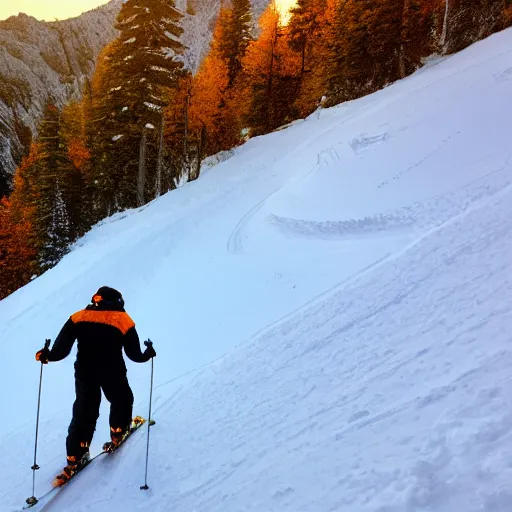 Image similar to skier in orange snow pants and black jacket skiing down a steep mountain face, far away view, photo realistic