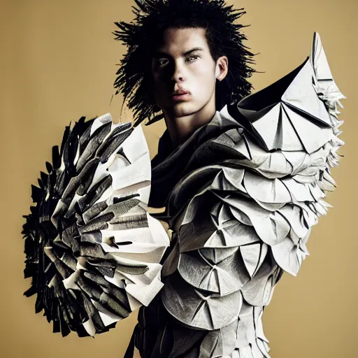 Image similar to a portrait of a beautiful young male wearing an alexander mcqueen armor made of origami , photographed by andrew thomas huang, artistic