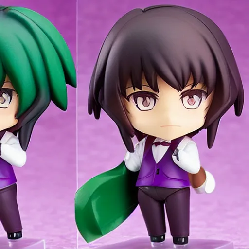 Image similar to nendoroid of a man with green long messy hair, purple eyes, round eyebrows and purple clothes