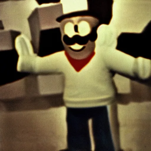 Prompt: 35mm pentax k1000 photograph grainy abstract experimental expired film photo of real human Video Game Character Super Mario in 1960s New York City