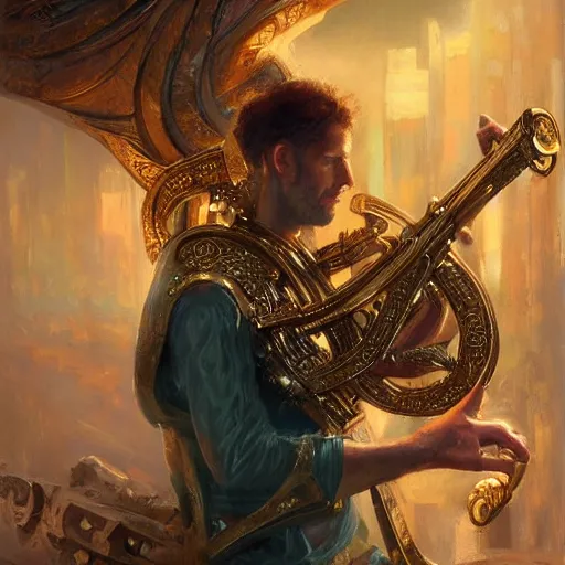 Image similar to stunning portrait of greek argonaut Orpheus playing the golden lyre, painting by Raymond Swanland, cyberpunk, sci-fi cybernetic implants hq