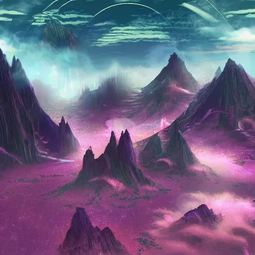 Image similar to A fantasy vaperwave landscape on an alien planet