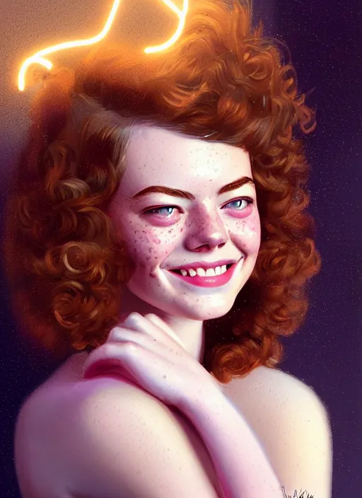 Image similar to portrait of teenage emma stone, freckles, curly middle part haircut, curly hair, smiling kindly, friendly, 1 9 5 0 s, intricate, elegant, glowing lights, highly detailed, digital painting, artstation, concept art, smooth, sharp focus, illustration, art by wlop, mars ravelo and greg rutkowski