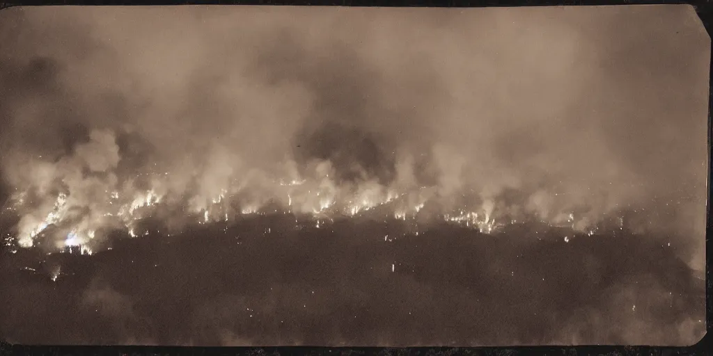 Prompt: open field, explosions, large fires everywhere, aerial view, tintype photograph