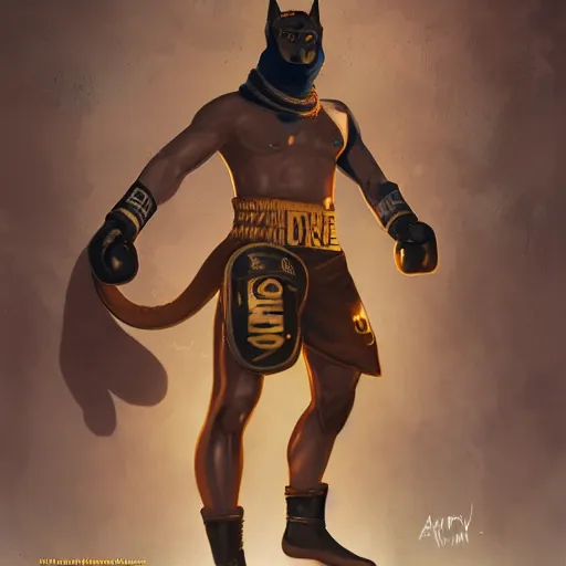 Image similar to anubis as a boxer ready to take on the world champ, boxing ring, strong spotlights, 4 k, trending on artstation, sharp focus, concept art, extremely detailed, intricate, sakimichan, artgerm, greg rutkowski