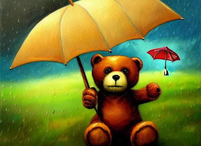 Prompt: detailed oil painting of teddy bear with umbrella by marc simonette and alexander jansson, stormy weather, concept art