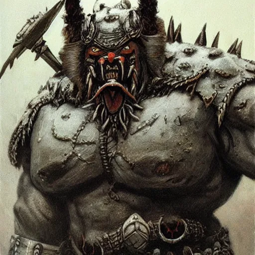 Image similar to warhammer orc feral chieftain, wearing tribal armor, bulky body, ogre head, tusked, beksinski