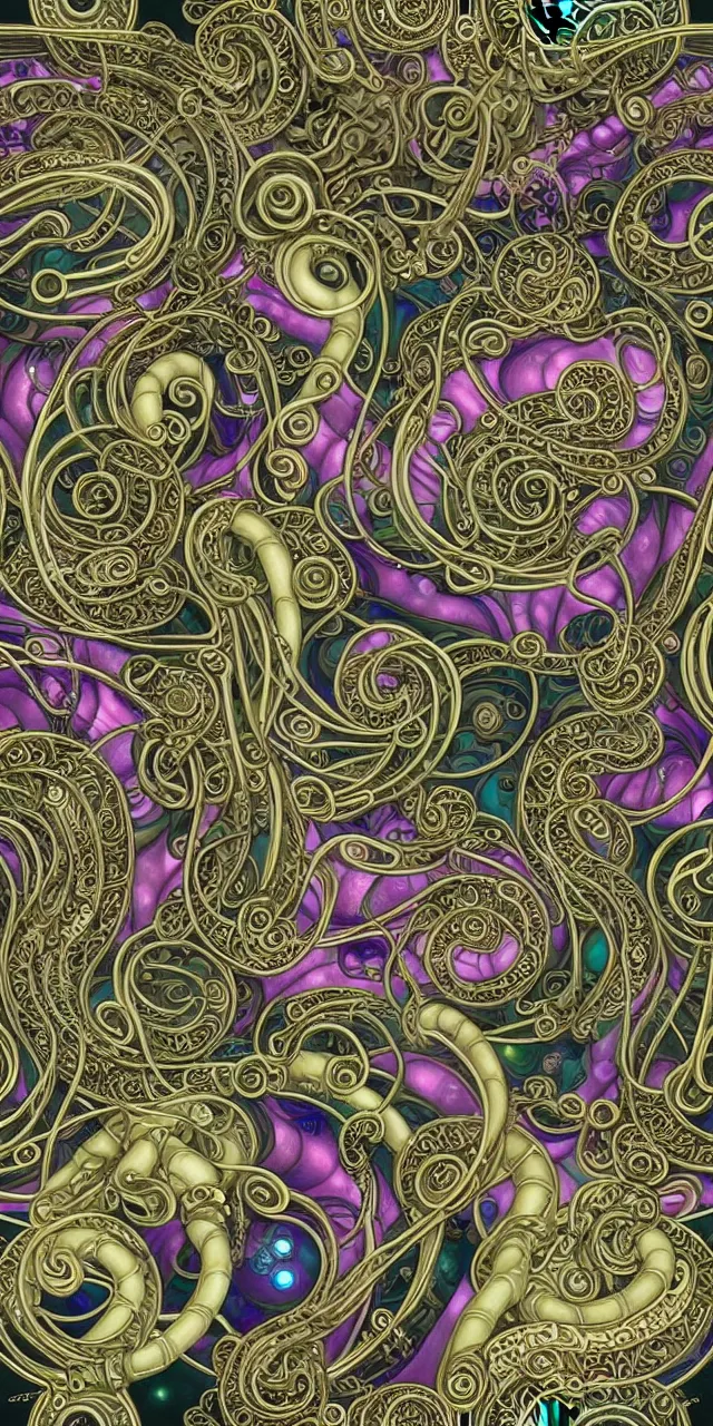 Image similar to seamless pattern of beautiful cybernetic robotic goddess with snakes cartier jewelry and cables arranged in a art nouveau damask pattern, subsurface scattering, rainbow liquids, inside organic robotic tubes and parts, black background, swirls and spirals of rainbow dragons, symmetrical composition + intricate details, hyperrealism, wet, reflections + by alfonse mucha, no blur