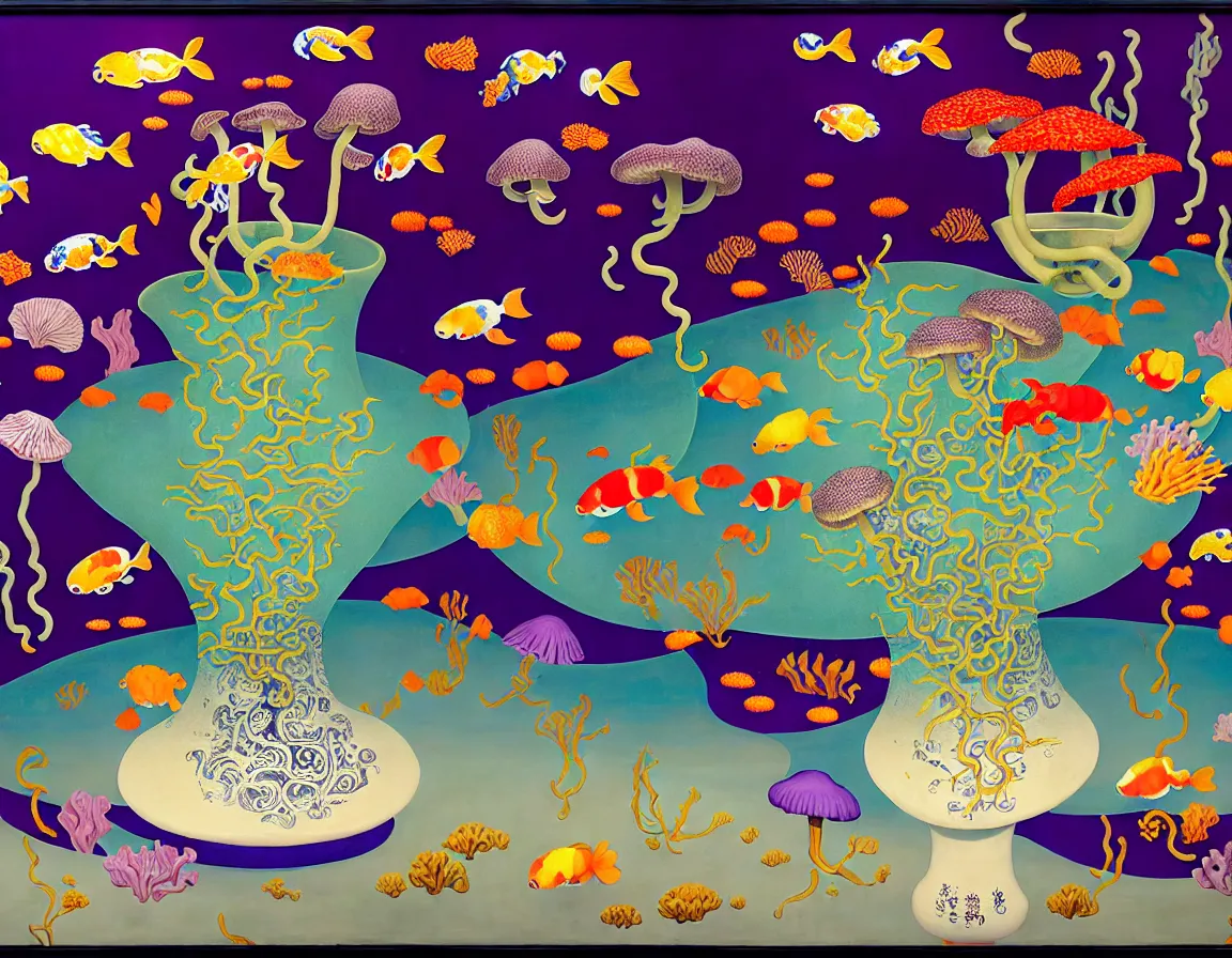 Prompt: vase of mushroom in the sky and under the sea decorated with a dense field of stylized scrolls that have opaque purple outlines, with koi fishes and electrifying eels, ambrosius benson, kerry james marshall, afrofuturism, oil on canvas, history painting, hyperrealism, award winning, light color, no hard shadow, around the edges there are no objects