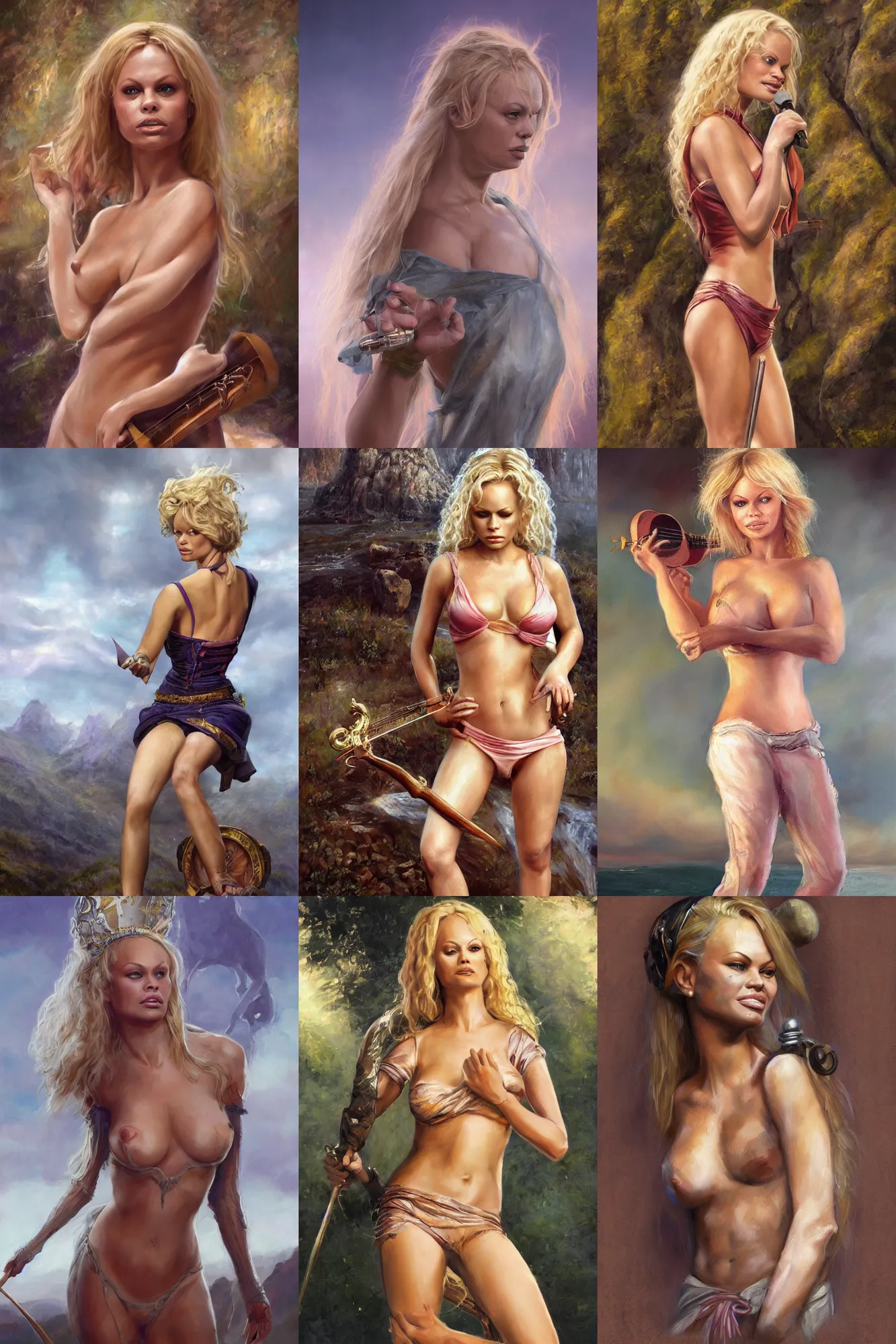 Prompt: a full body high detail fantasy portrait oil painting illustration of young pamela anderson as a beautiful sophisticated singing bard by justin sweet with face and body clearly visible, in a scenic background, pupils visible, realistic proportions, d & d, rpg, forgotten realms, artstation trending, high quality, sombre mood, artstation trending, muted colours, entire person visible!