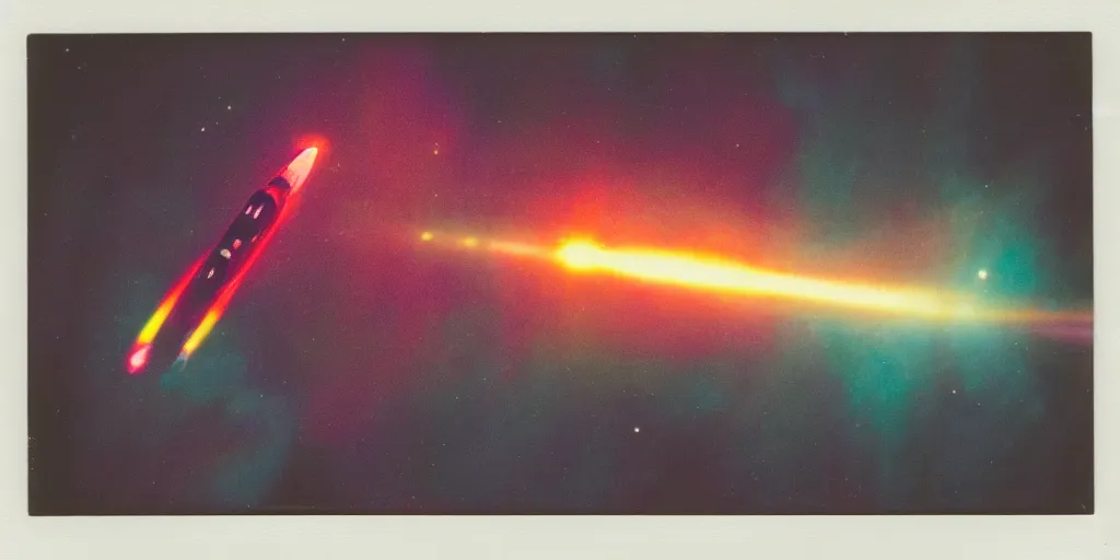 Image similar to polaroid photo of red rocket flying through space, multiple orange yellow purple galaxies visible, slight color bleed, lens flare