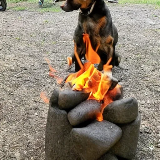 Image similar to dog / human hybrid starts a fire