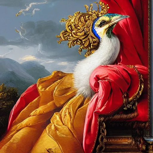 Prompt: the royal king's caw bird by greg hildebrant fancy rococo baroque regal oil painting high quality award winning clothed in fancy garb