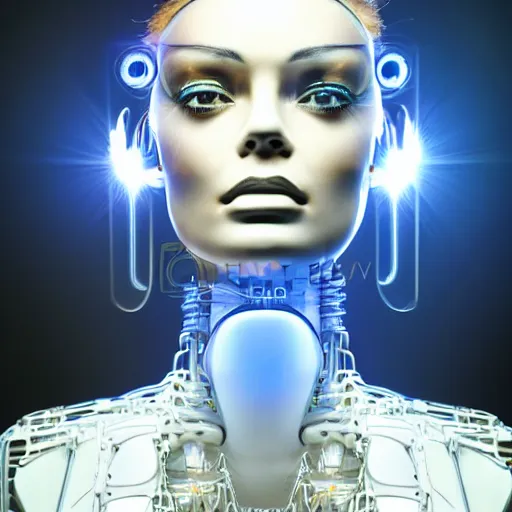 Prompt: beautiful centered Fine art photo portrait of young Carmen Electra daydreaming as a solarpunk robotic humanoid, white mechanical parts with led lights, photorealistic, white background, highly detailed and intricate, sunset lighting, HDR 8k