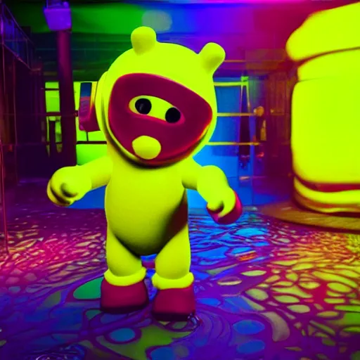 Image similar to hyperrealistic film still of teletubby rave, stunning 3 d render, neon cyberpunk cinematic lighting, 8 k octane comprehensive render, extremely hyper - detailed, incredibly realistic, intricate, masterpiece