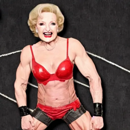 Image similar to betty white muscular wwe world champion wrestling zombies