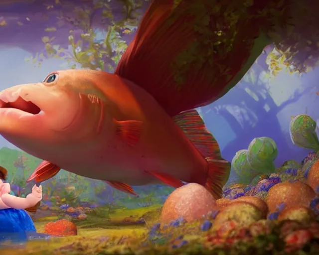 Image similar to of a very beautiful scene. a sweet fat little girl is in love with a huge, colorful and beautiful fish. hyper realistic. 4 k. wide angle. in the baroque style. wild. symmetrical face, red mouth, blue eyes. deep focus, lovely scene. processing block environment. concept art. unreal engine.